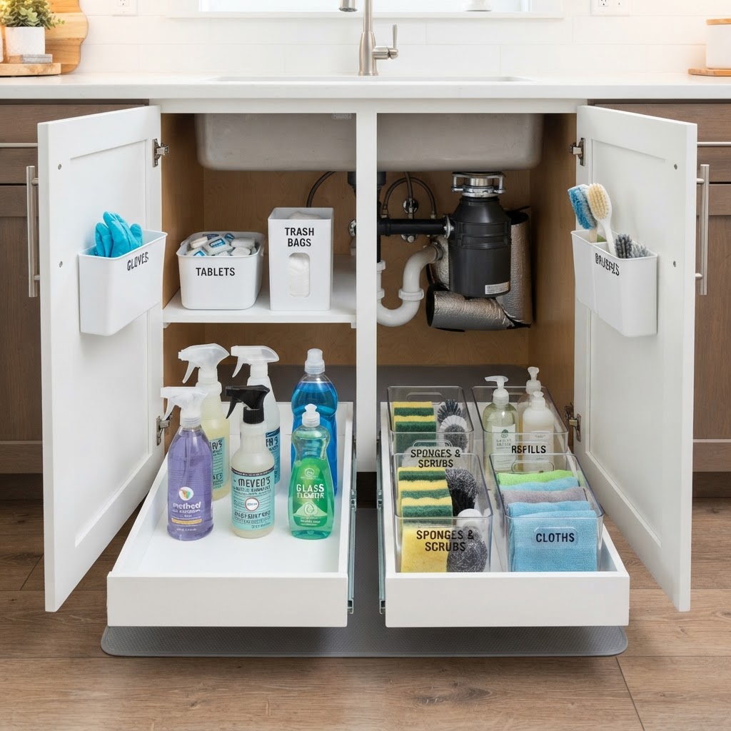Sliding drawers turn the under-sink area into a perfectly sorted cleaning station.