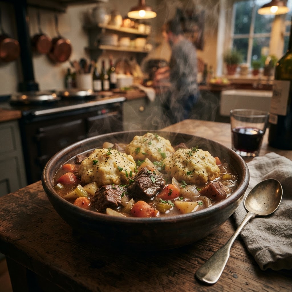 A hearty bowl of slow cooker beef stew topped with fluffy dumplings.