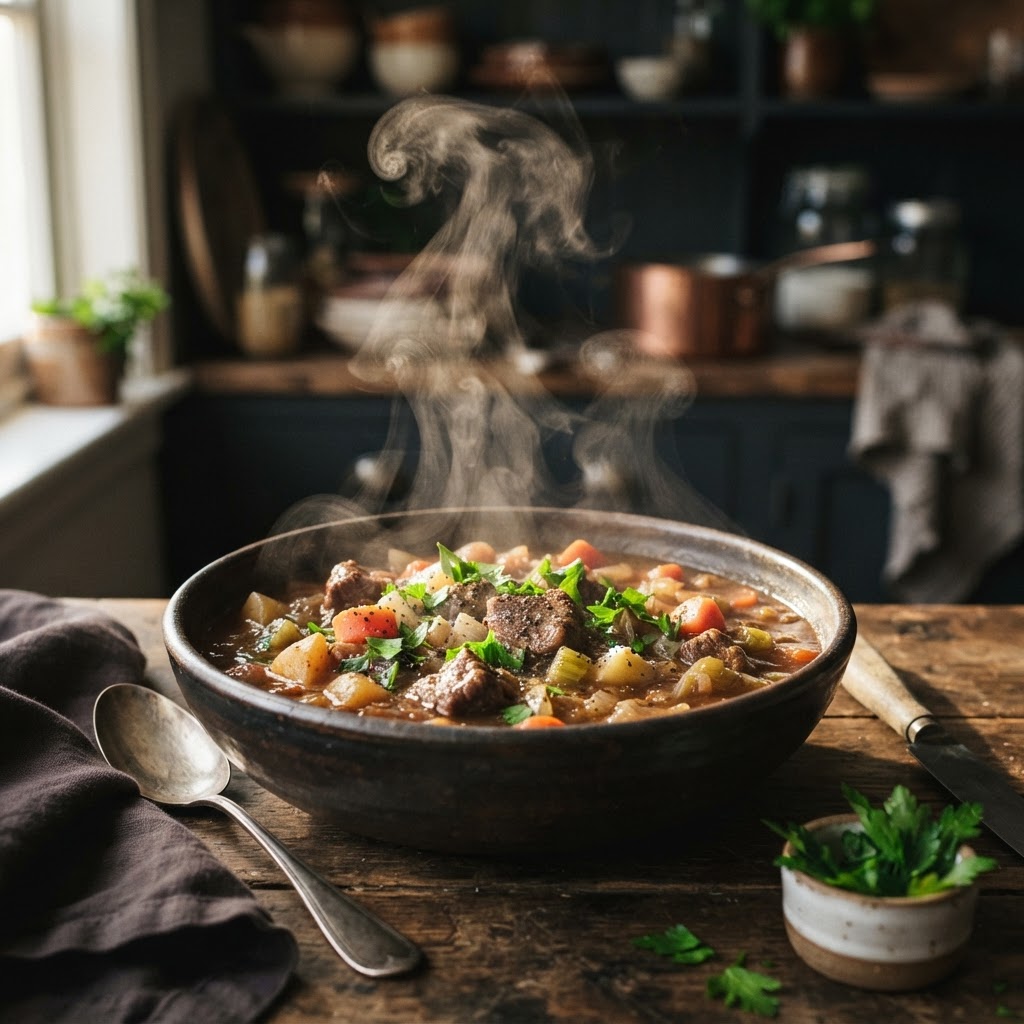 Close-up of a bowl of beef stew ready to be enjoyed.