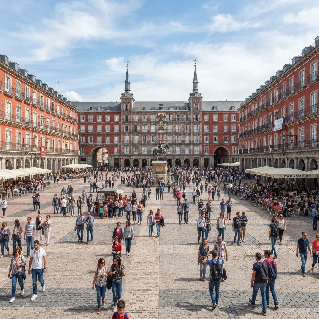 The vibrant and historic Plaza Mayor in central Madrid.
