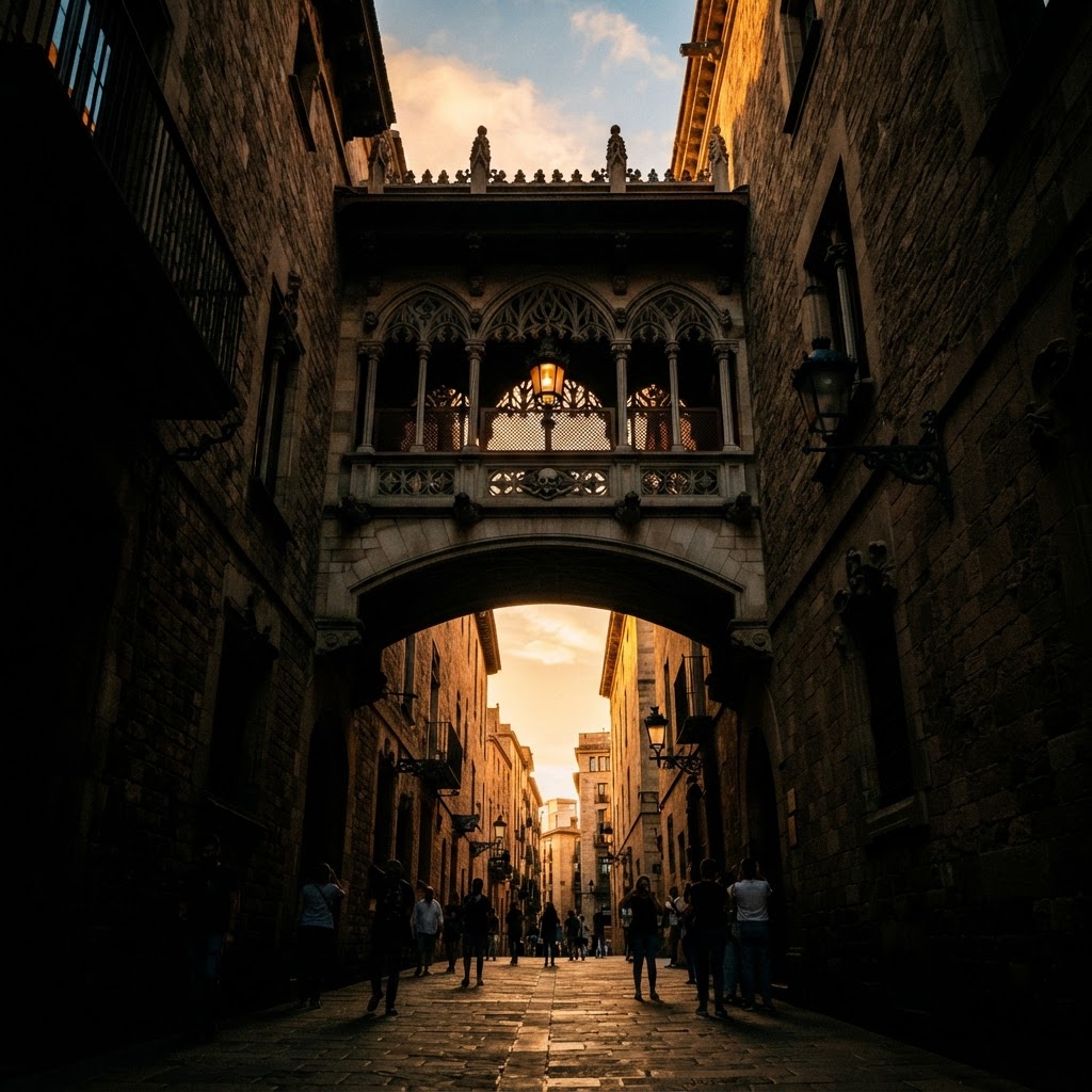 The iconic bridge of Carrer del Bisbe provides a dramatic entrance to the city's past.