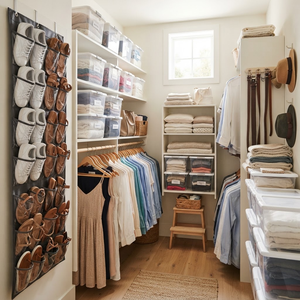 Vertical storage solutions help clear floor clutter efficiently.