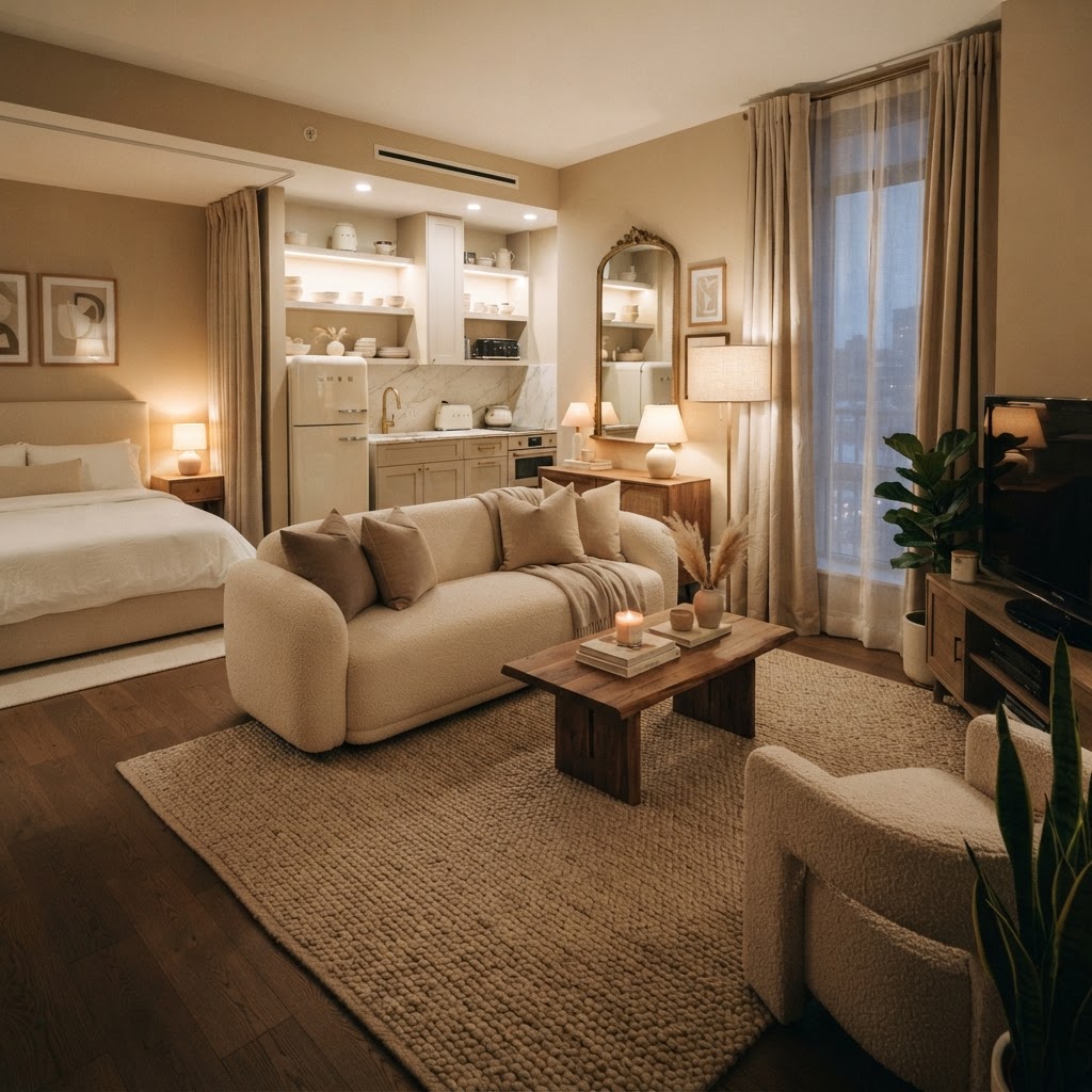 A beautifully curated neutral living area.