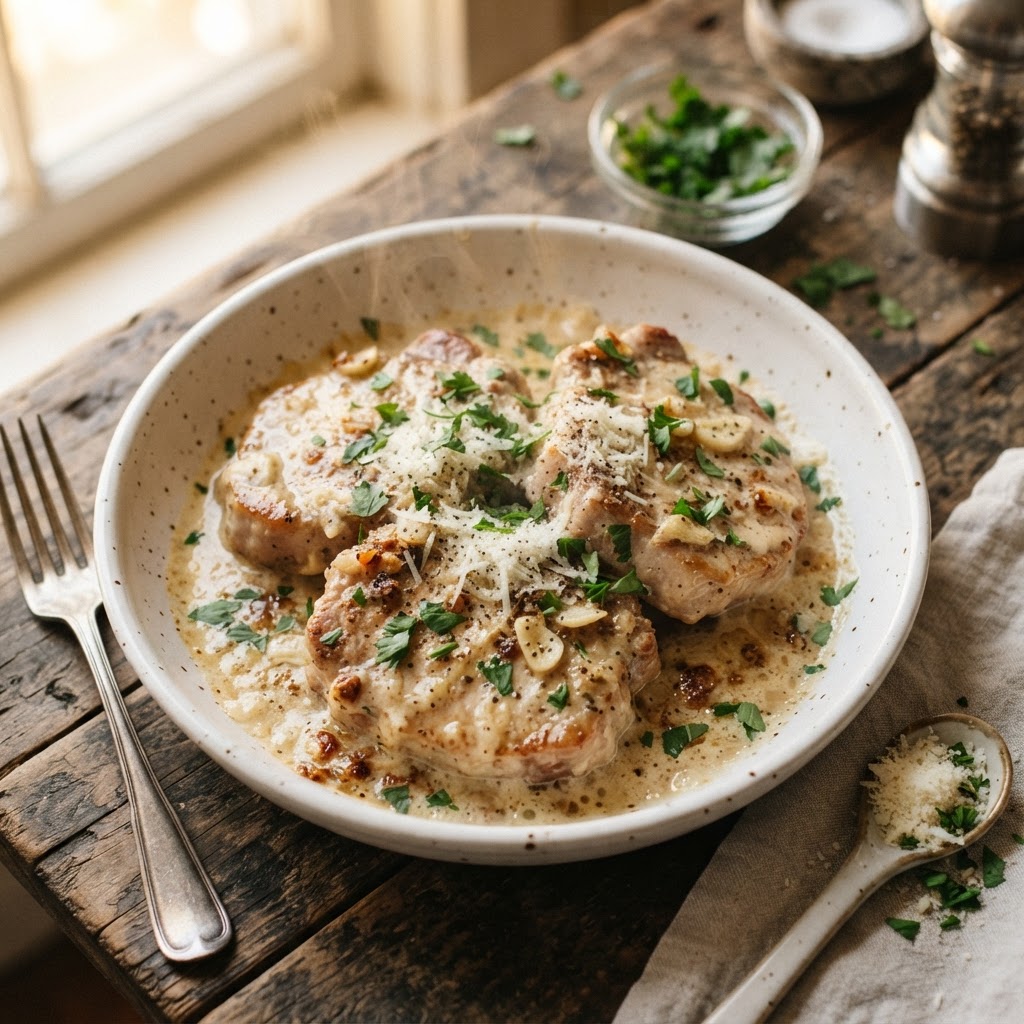 Creamy garlic Parmesan pork chops garnished with fresh herbs.