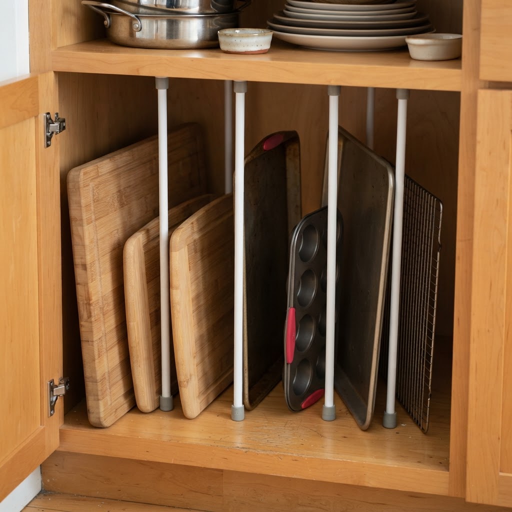 Tension rods are perfect for organizing kitchen cabinets vertically.