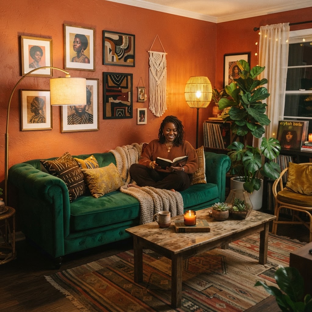 Warm, layered lighting enhances the cozy, neo-soul vibe of this living space.