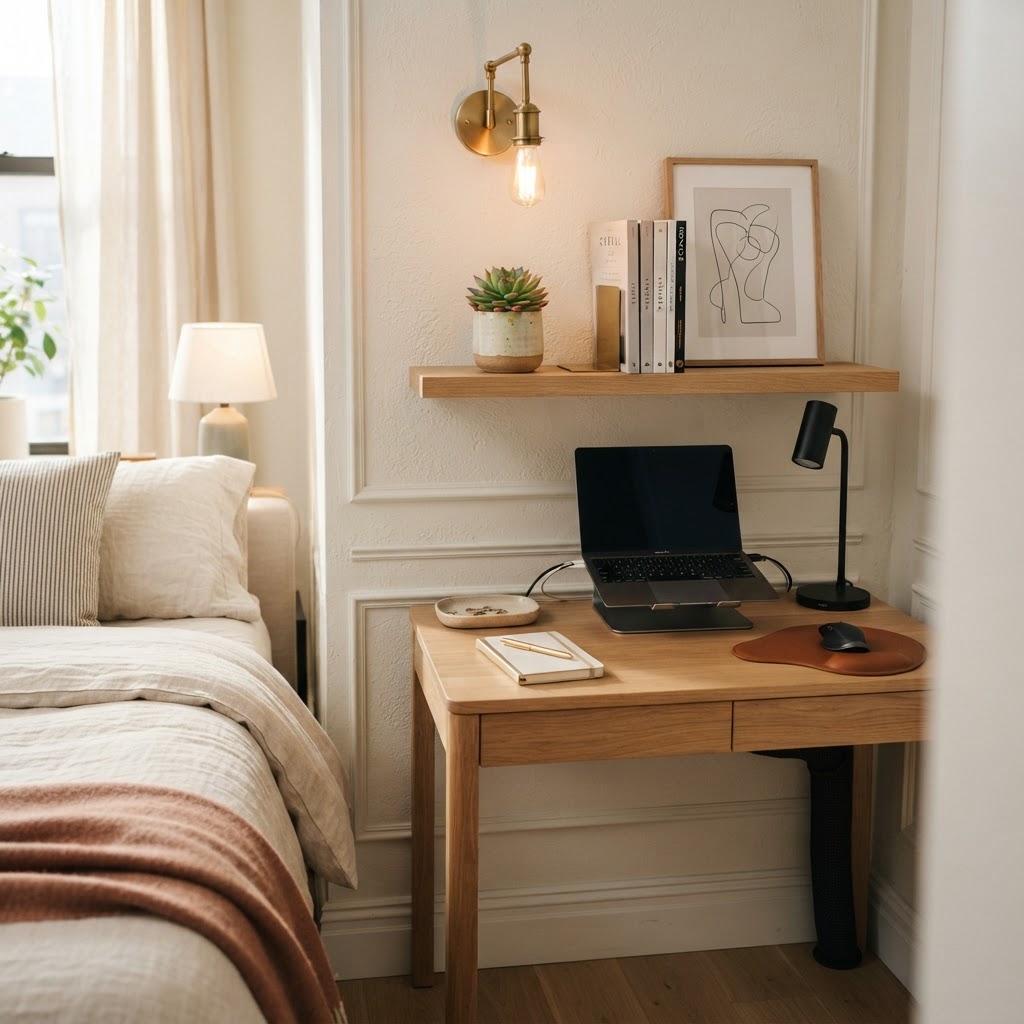 Layered lighting and wall-mounted elements help declutter small surfaces.