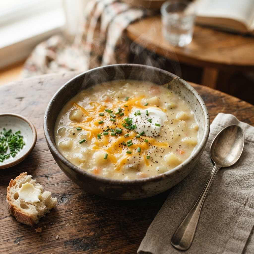 A warm, creamy bowl of slow cooker potato soup.