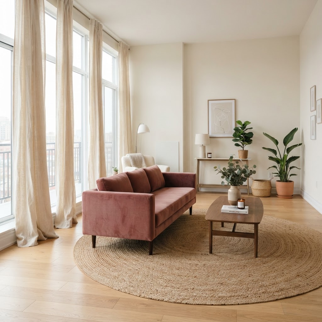 High ceilings achieved through high-mounted curtain rods and minimalist styling.