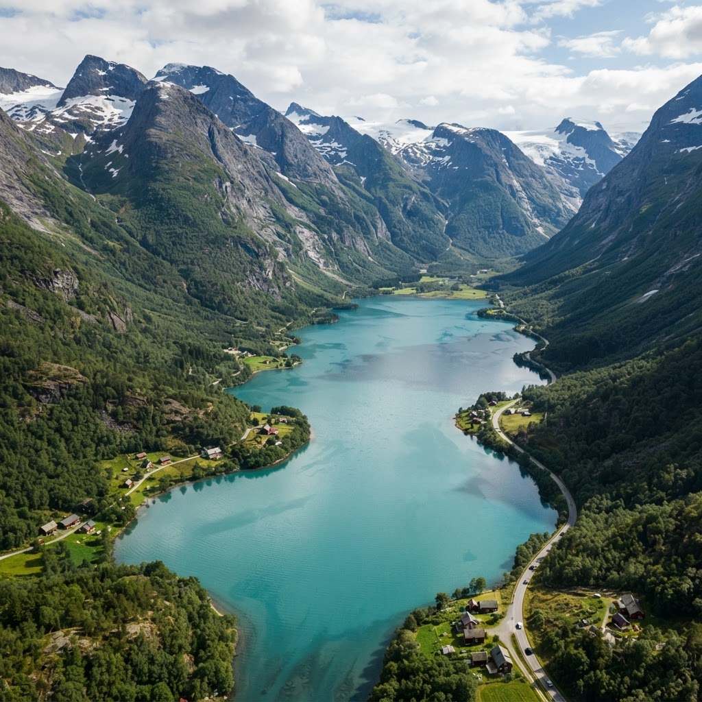 An aerial perspective revealing the remote beauty of the hidden Arctic lake.