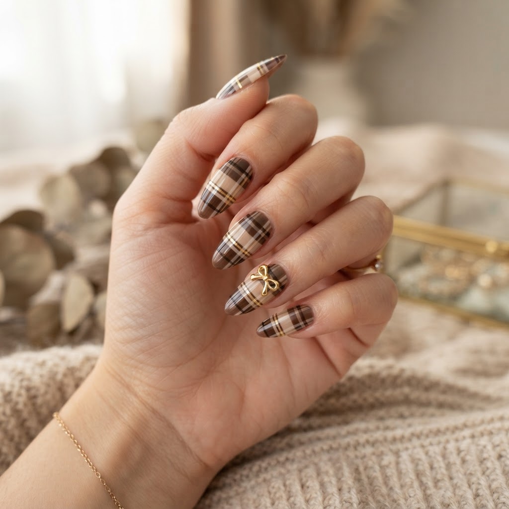 Elegant chocolate brown plaid press-on nails with cute bow accents.