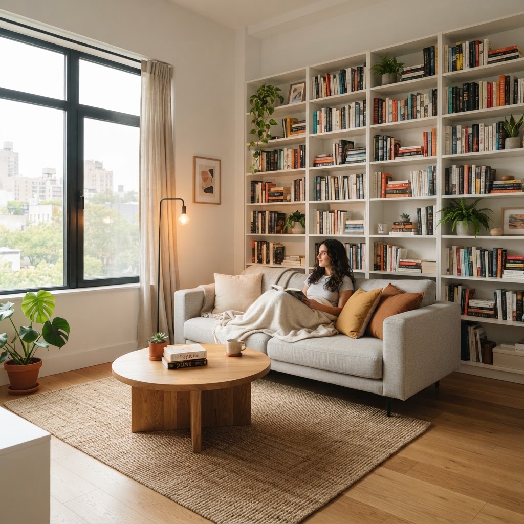 Floor-to-ceiling shelving maximizes vertical storage in small living rooms.
