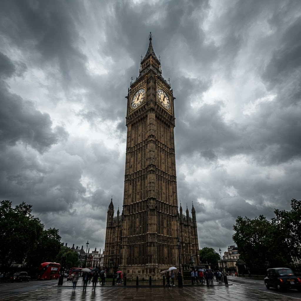 A dramatic low-angle perspective from Parliament Square.