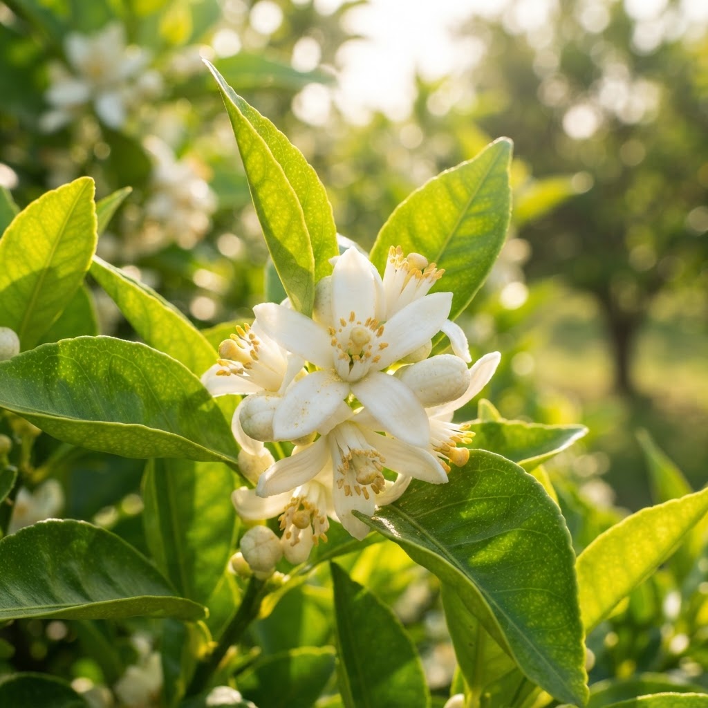 Close-up of the delicate 'azahar' blossoms that perfume the city.