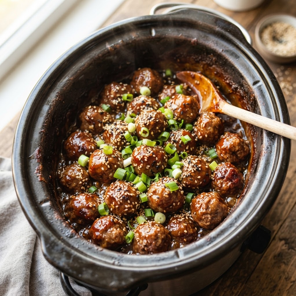 Teriyaki meatballs slow-cooked to perfection and topped with fresh herbs.