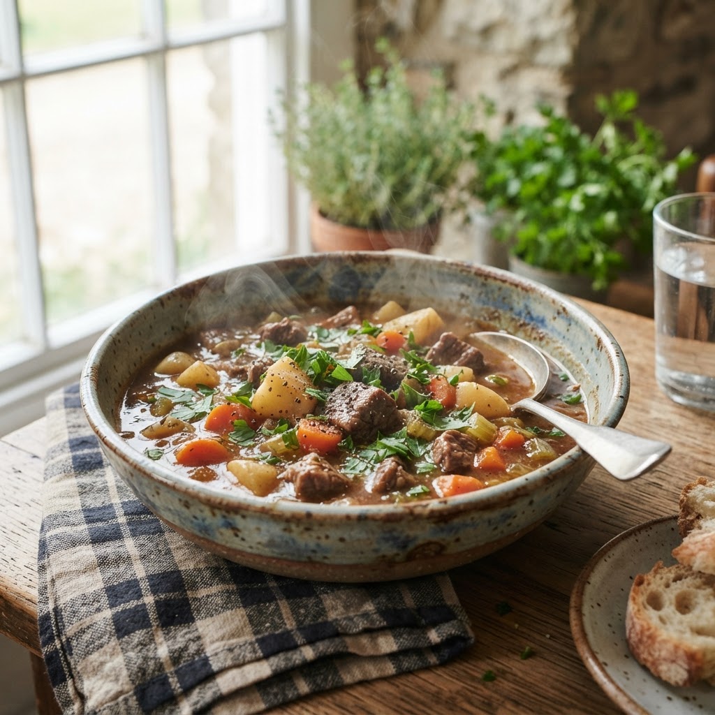 A bowl of homemade beef stew.
