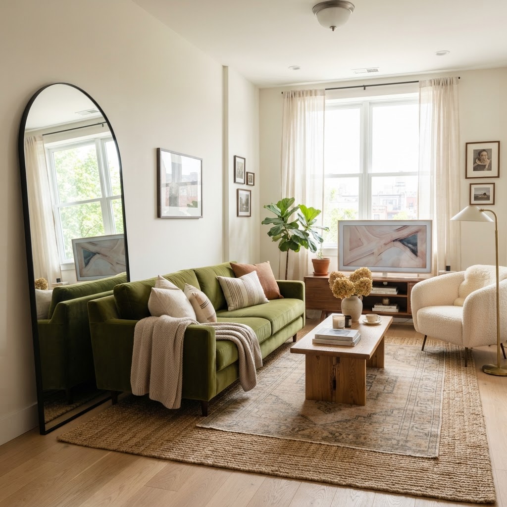 Large mirrors and layered rugs can make small rooms feel significantly larger and more expensive.