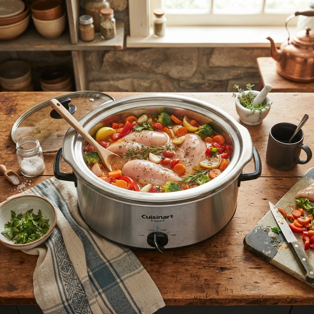 Preparing healthy ingredients for a dump-and-go slow cooker meal is the perfect way to streamline your weekly dinner routine.