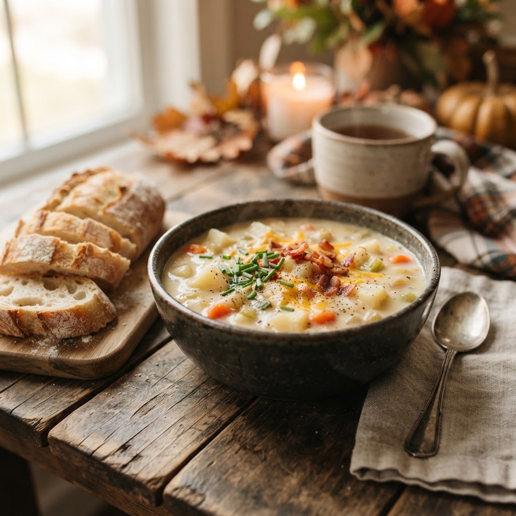 Creamy slow cooker potato soup served with fresh toppings.