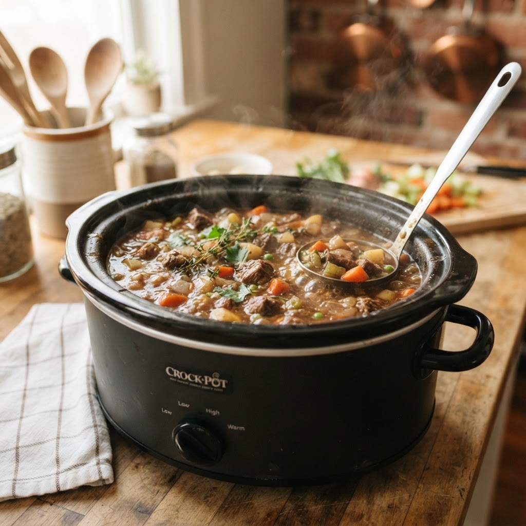 The slow cooking process transforms ingredients into a rich, savory masterpiece.