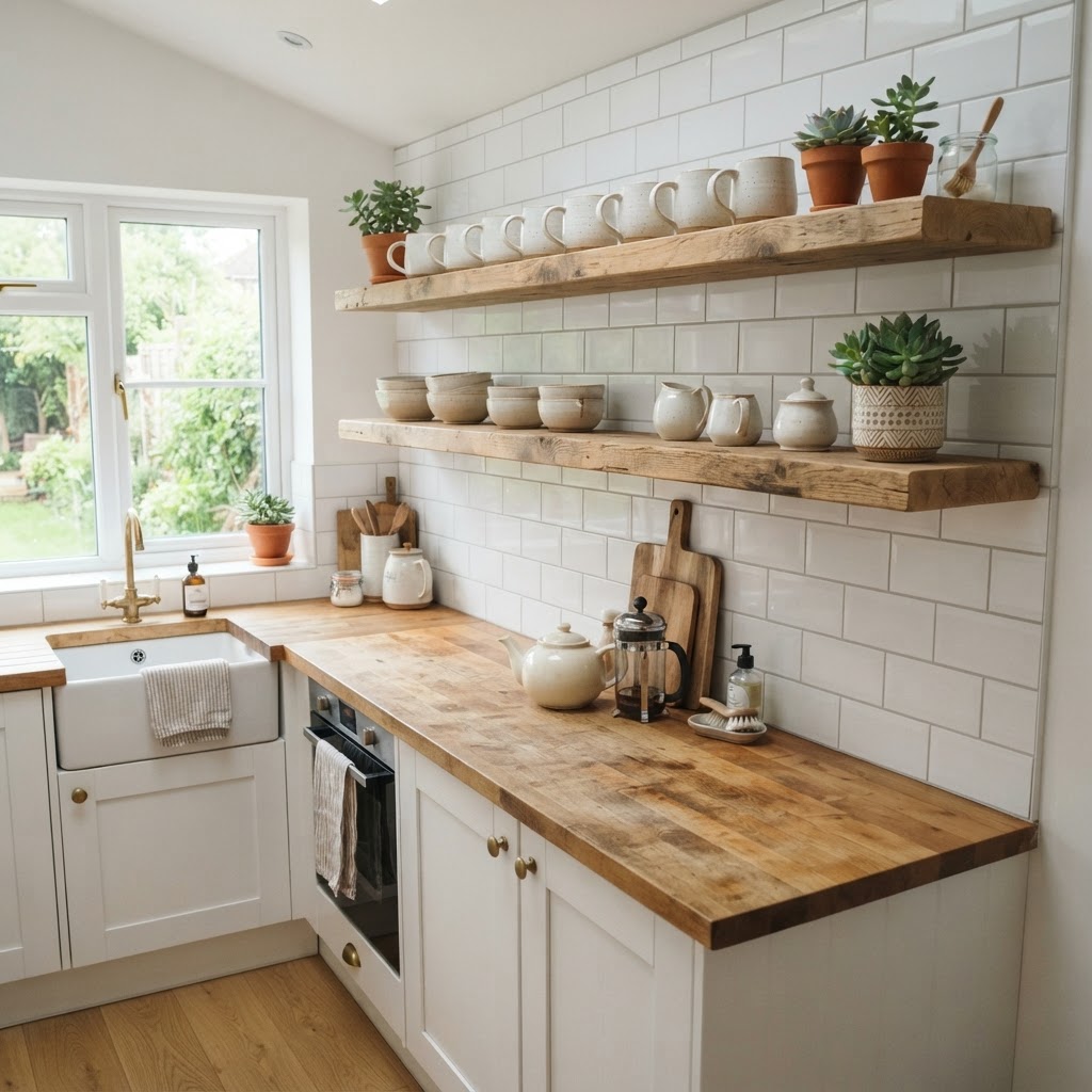 Open shelving adds an airy feel to small kitchens.