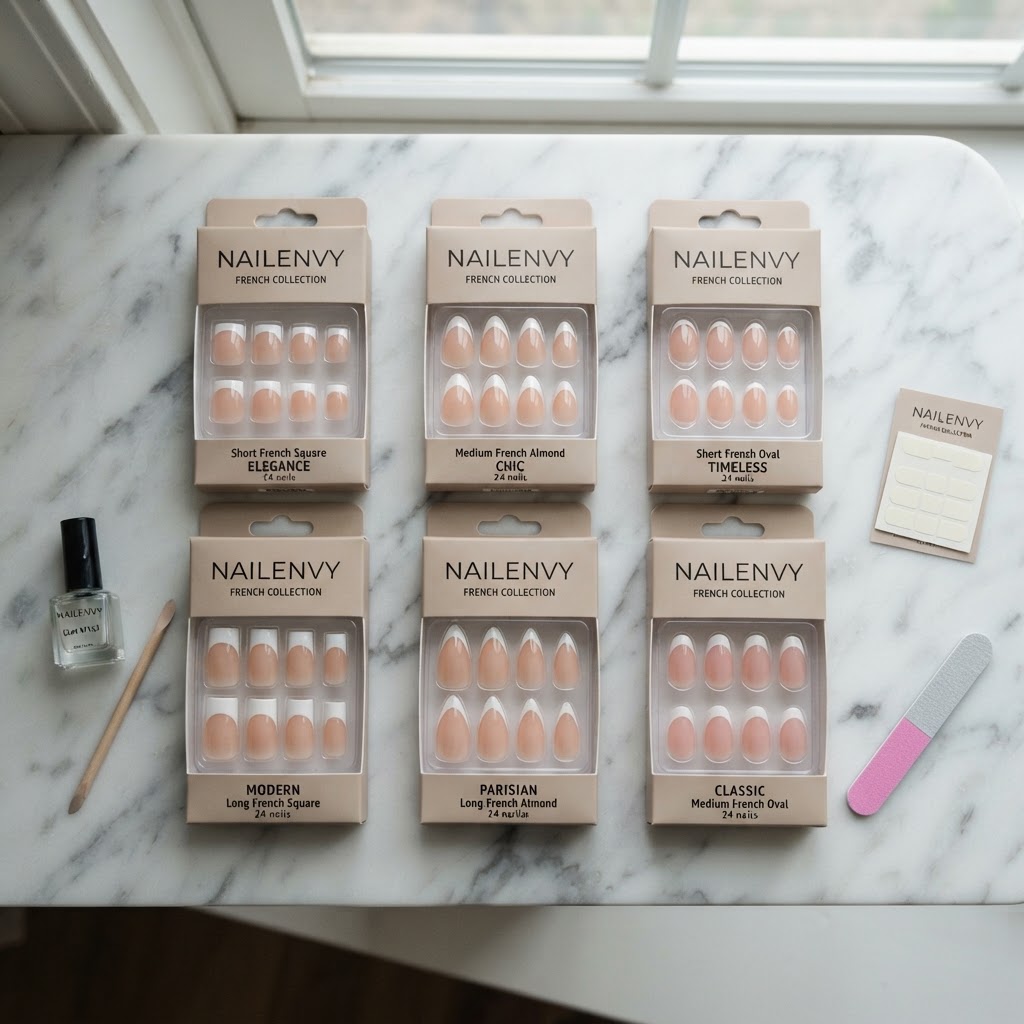 A collection of various press-on nail shapes and sizes for a customized manicure.