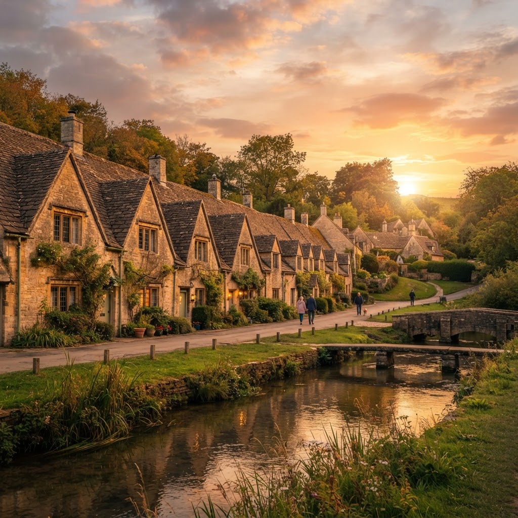 Pretty Places in the Cotswolds for a Romantic Day Out 5 Arlington Row in Bibury glows under the golden light of sunset.