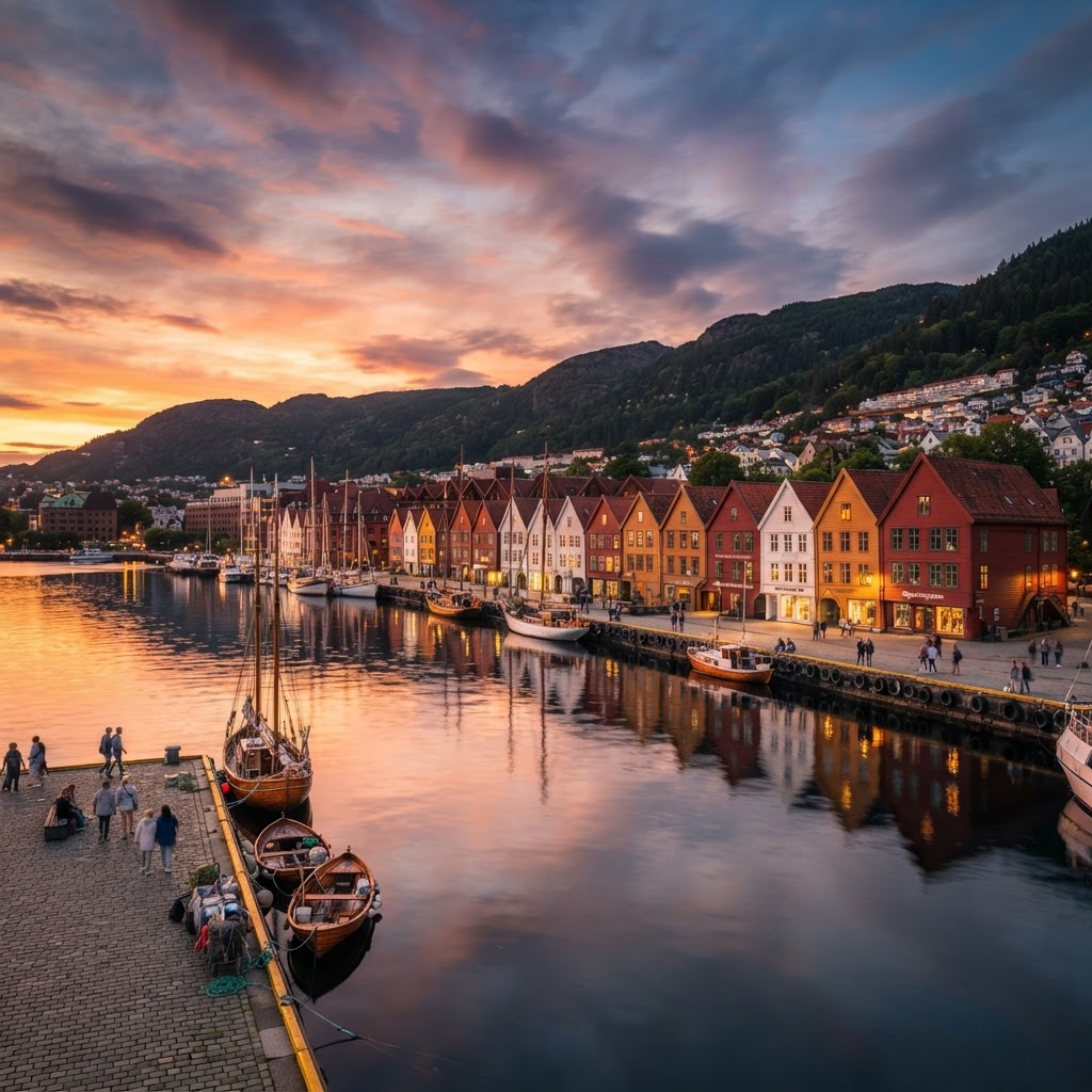 The iconic colorful houses of Bryggen illuminated by the golden hour light.
