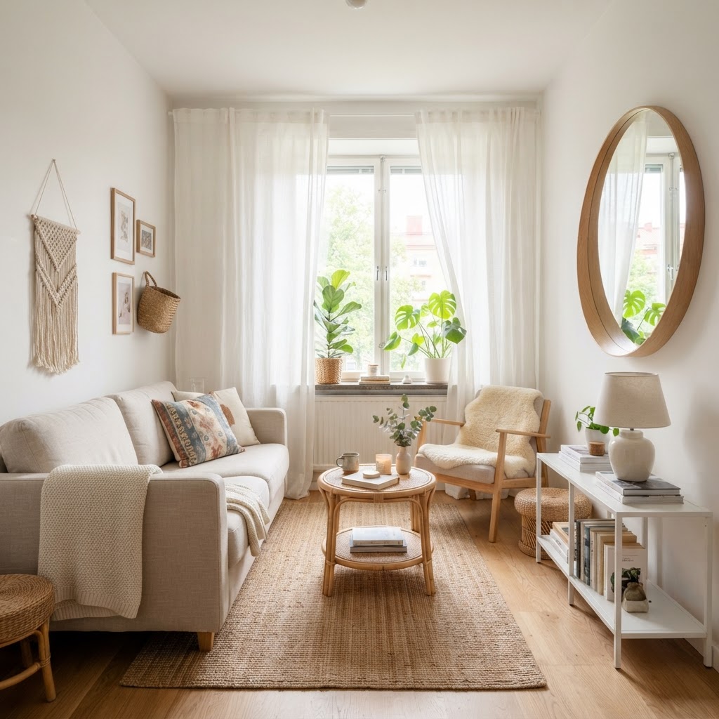 Using mirrors and light curtains helps maximize natural light in any rental.