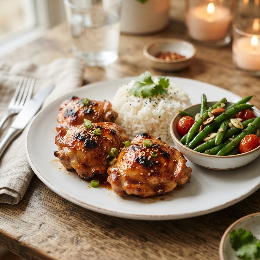 A balanced and healthy dinner plate featuring slow cooker chicken.