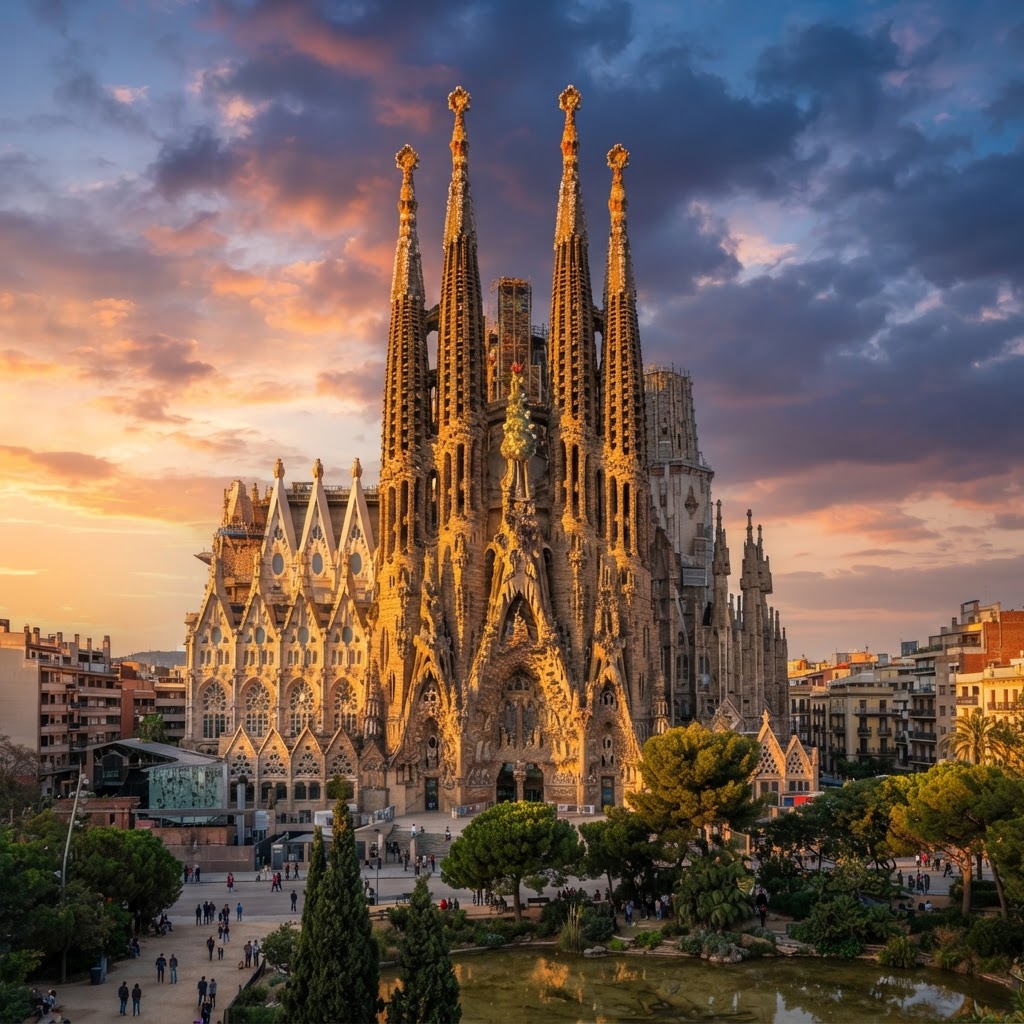 The golden light of sunset hits the Nativity Facade.