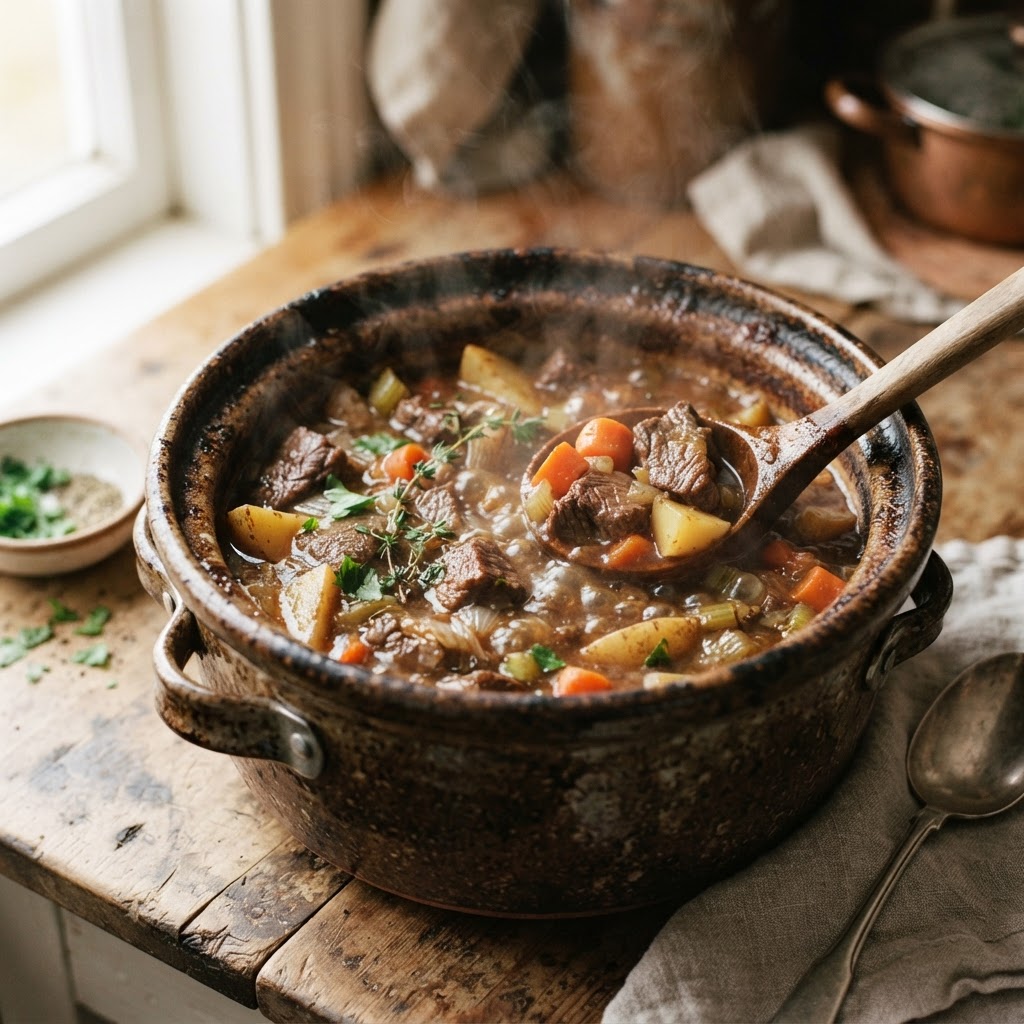The finished product: a hearty bowl of slow cooker beef stew.
