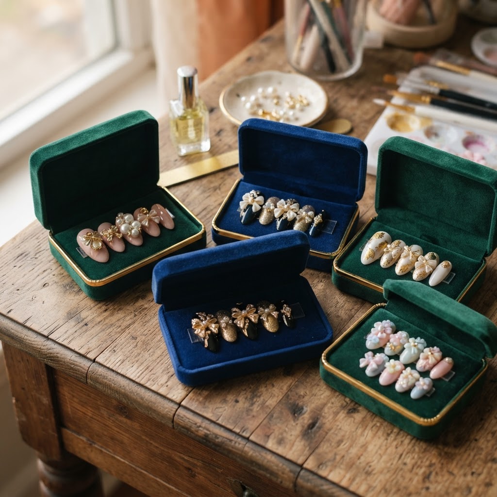 A selection of handmade, luxury press-on nail sets featuring trendy 3D designs and gold embellishments.