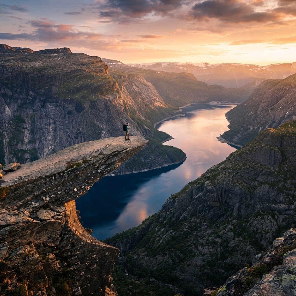 The breathtaking view of Trolltunga at sunset.