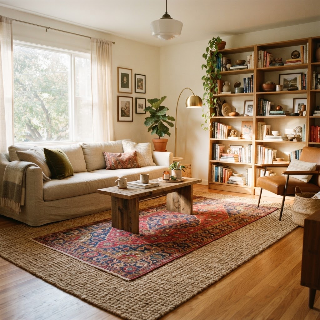 Layering rugs is a perfect way to hide worn floors and add comfort.