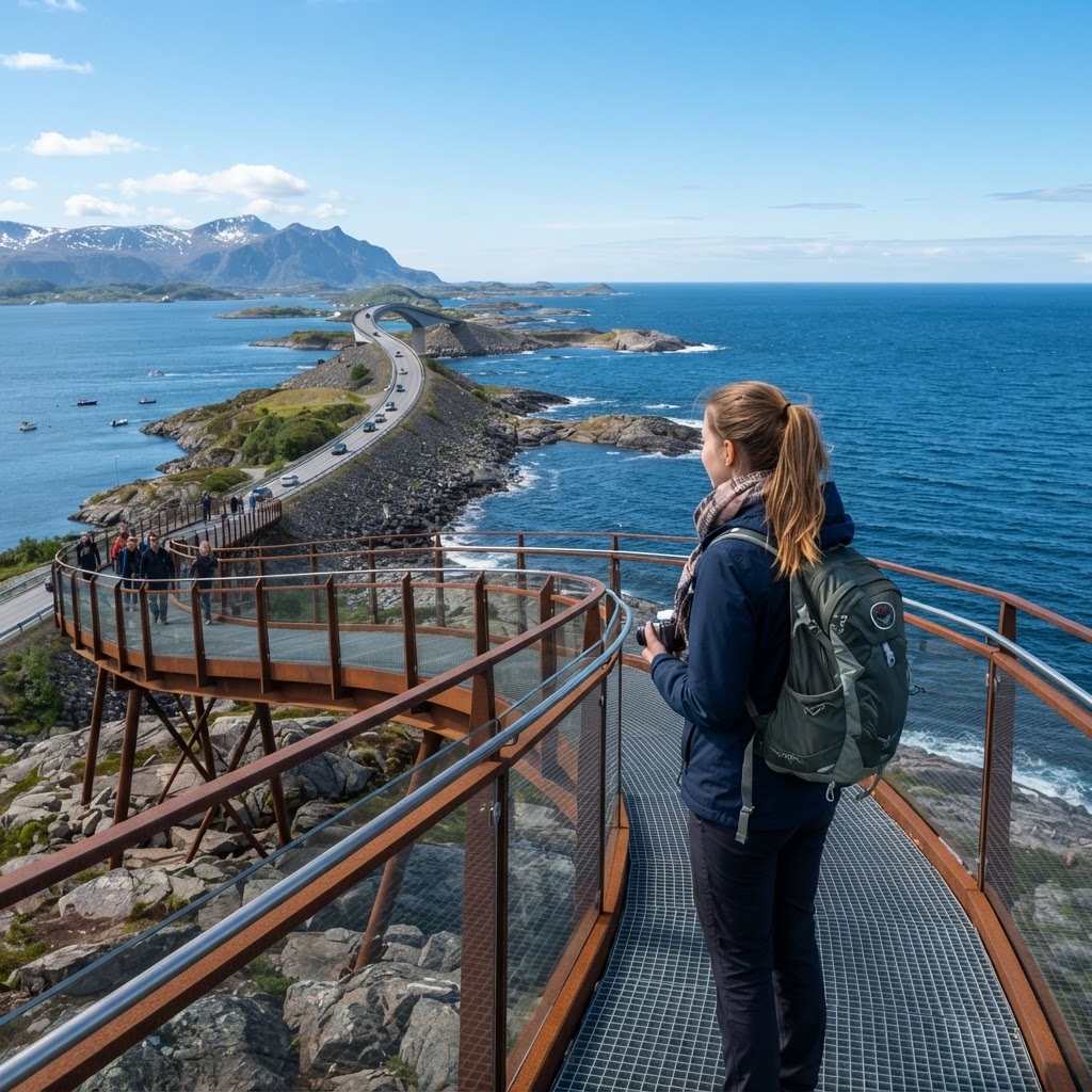 The modern walkway at Eldhusøya offers unique perspectives.