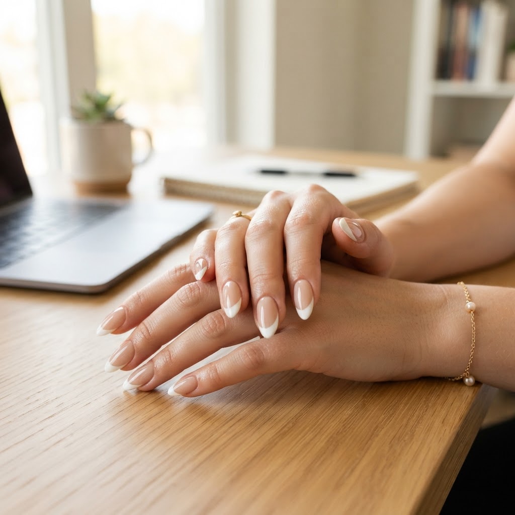 Classic almond-shaped French tip press-on nails for a sophisticated look.