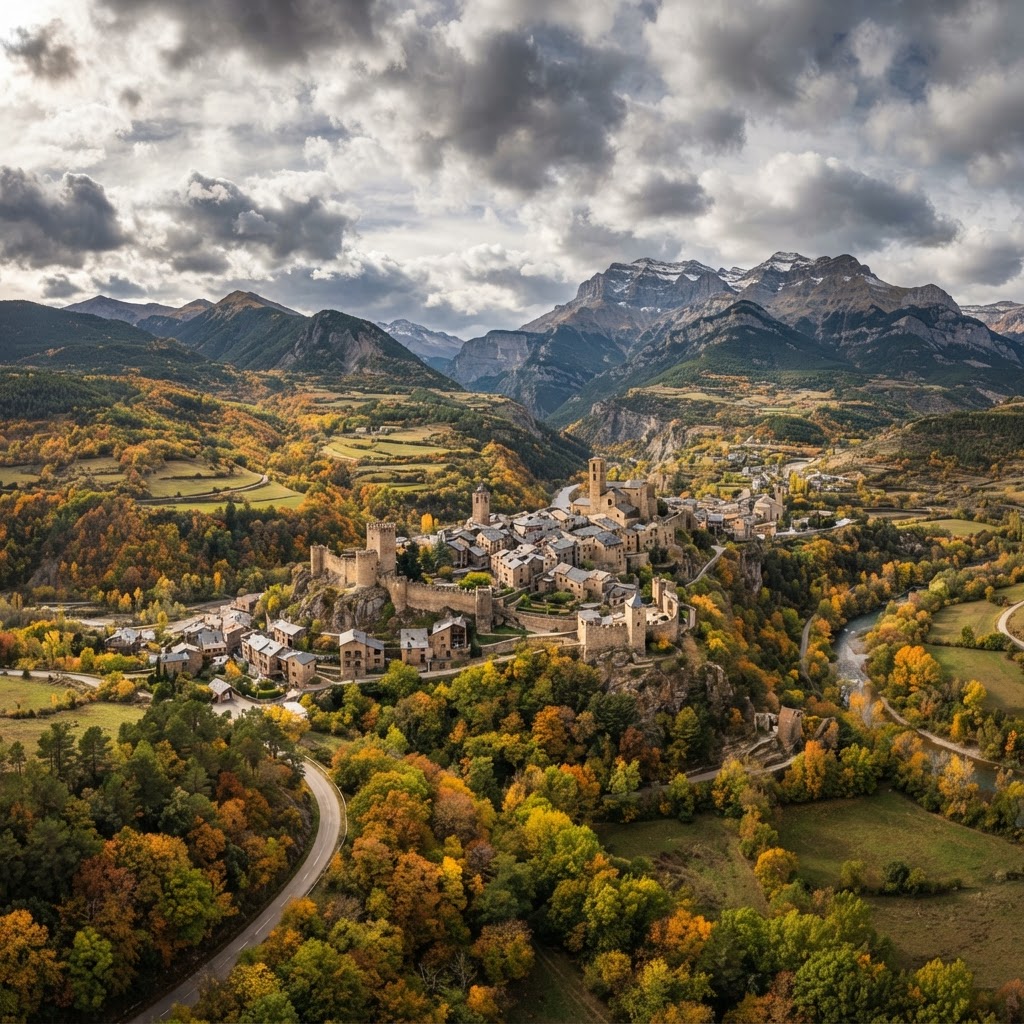 The Pyrenees provide a dramatic backdrop for the village of Ainsa in autumn.