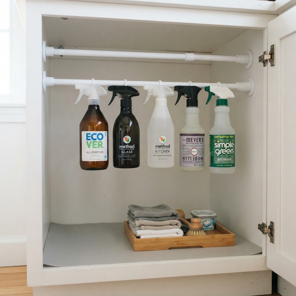 Use tension rods for hidden cabinet storage.
