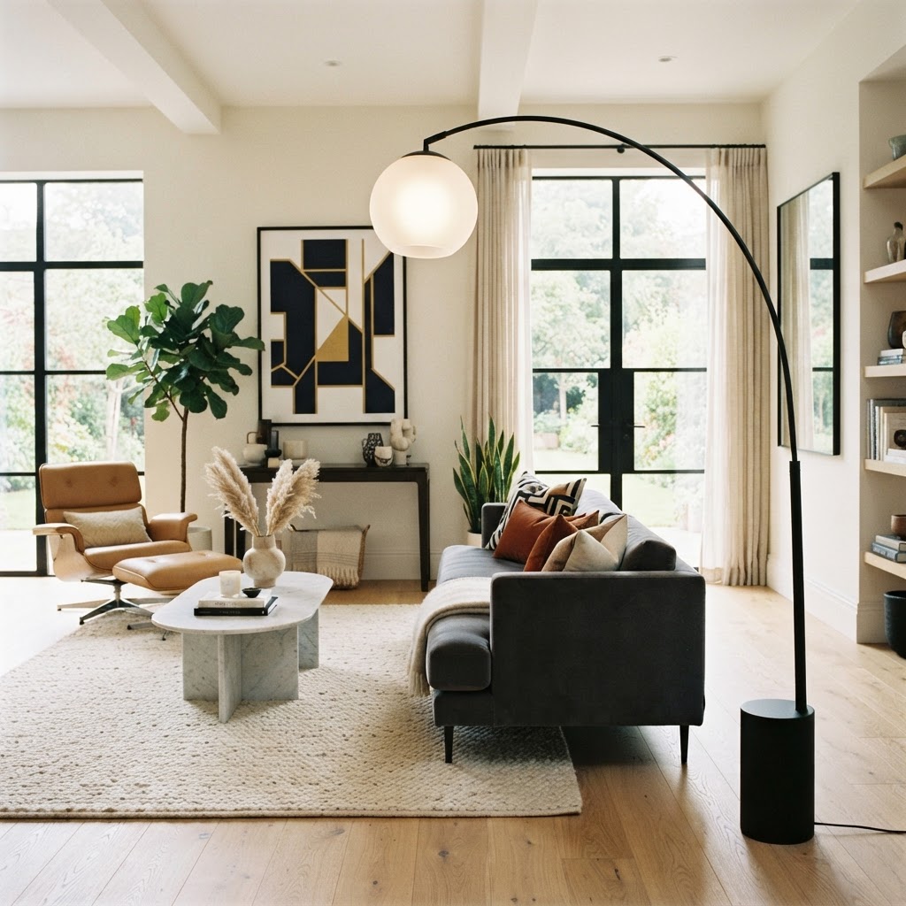 Arc floor lamps combine bold height with soft illumination.
