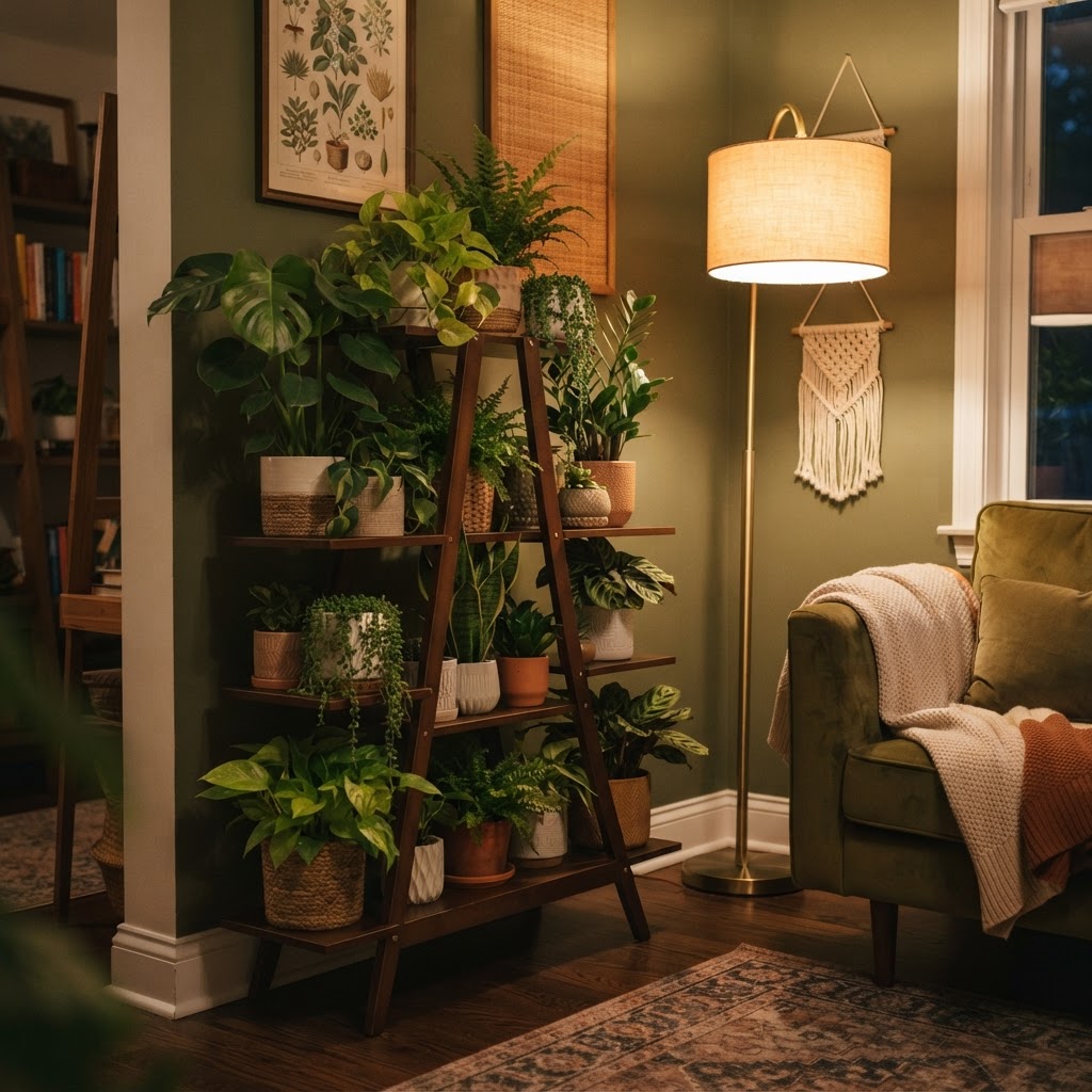 Tiered plant stands offer height and natural color without needing wall mounts.