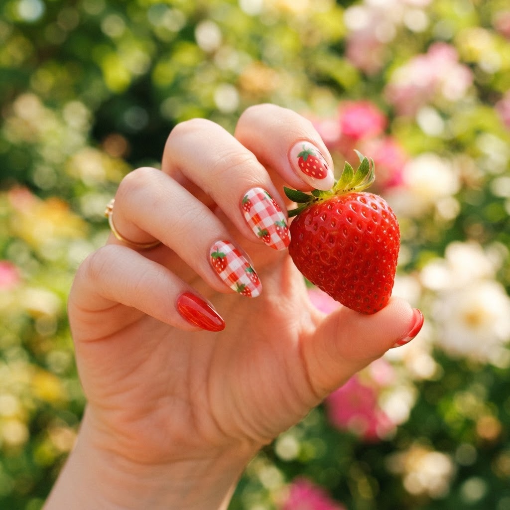 Summer vibes with the perfect strawberry-themed manicure.