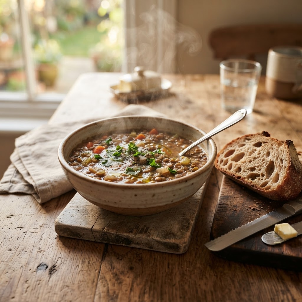 The finished slow cooker lentil soup served warm.