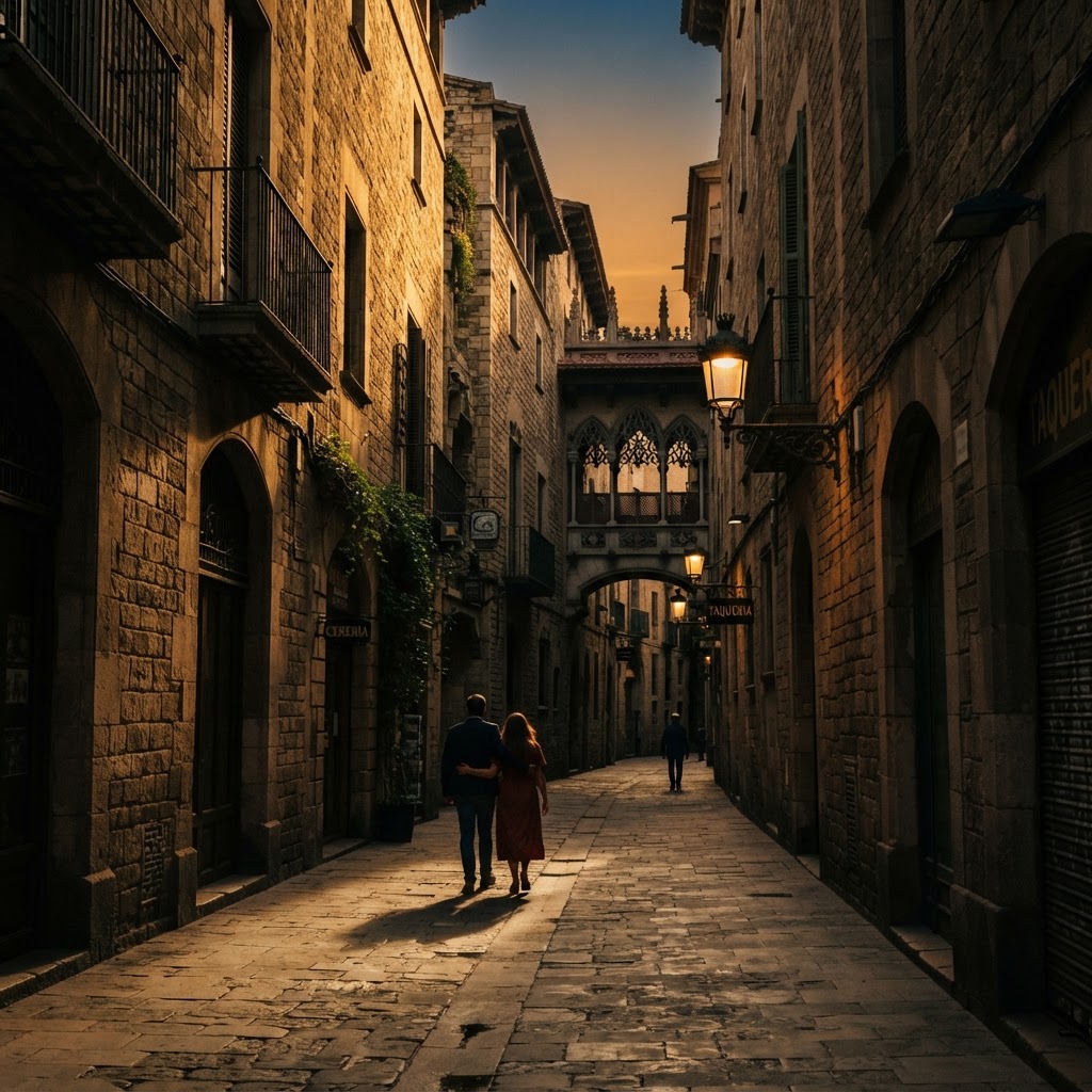 The golden hour light filtering through the narrow, historic alleys of the Gothic Quarter.