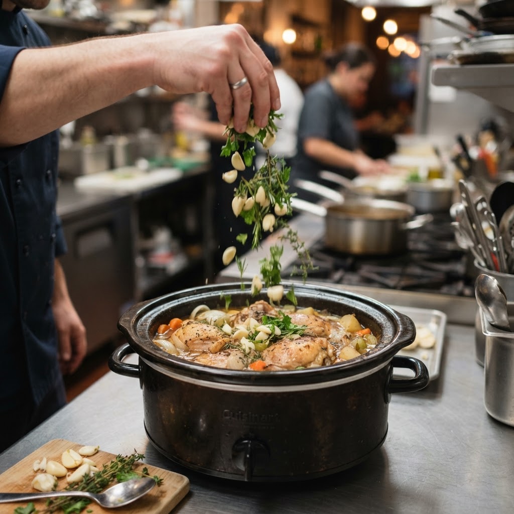 Adding fresh aromatics to the slow cooker for maximum flavor.