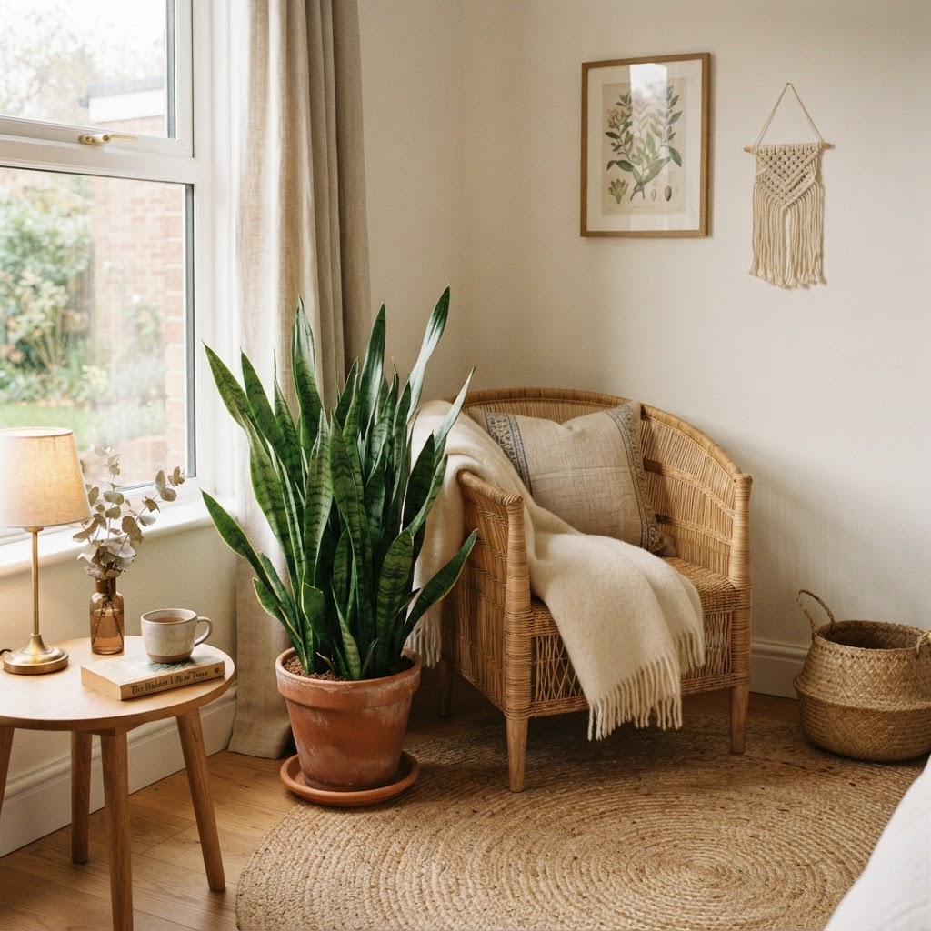 Natural plants bring life and airiness to any bedroom.