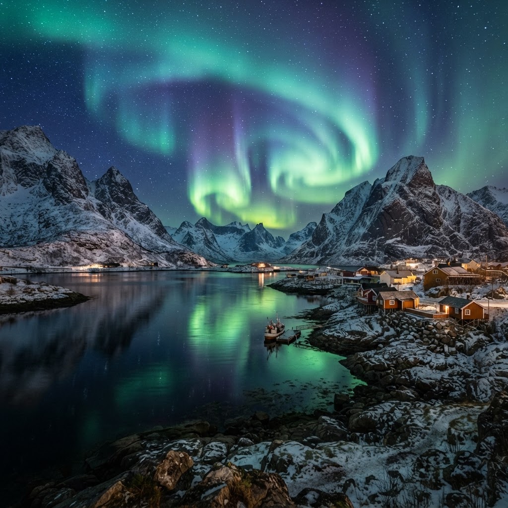 Northern Lights Over the Fjords: The Ultimate Guide 2 The celestial dance of the Aurora Borealis reflected in the calm waters of a Norwegian fjord.
