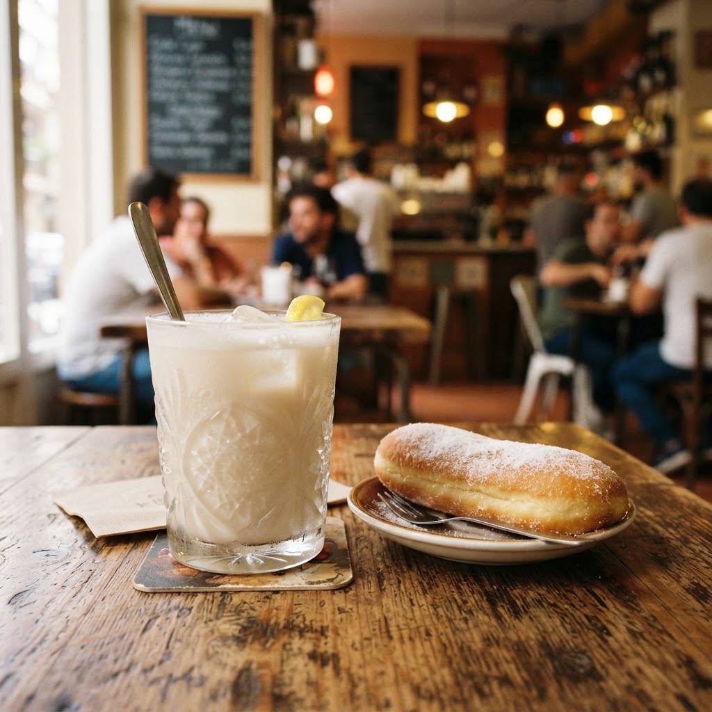 A classic Valencian snack of horchata and a sweet fartó pastry.