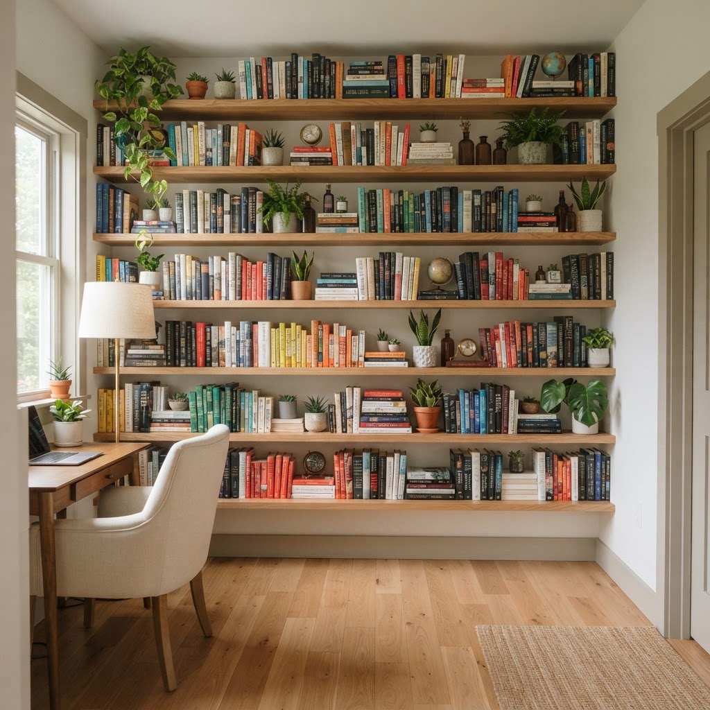 Utilizing vertical wall space keeps the floor clear and the room feeling open.