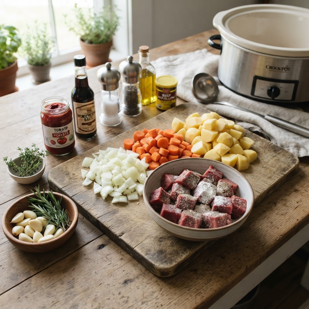 Gather your fresh ingredients to create the ultimate stew.